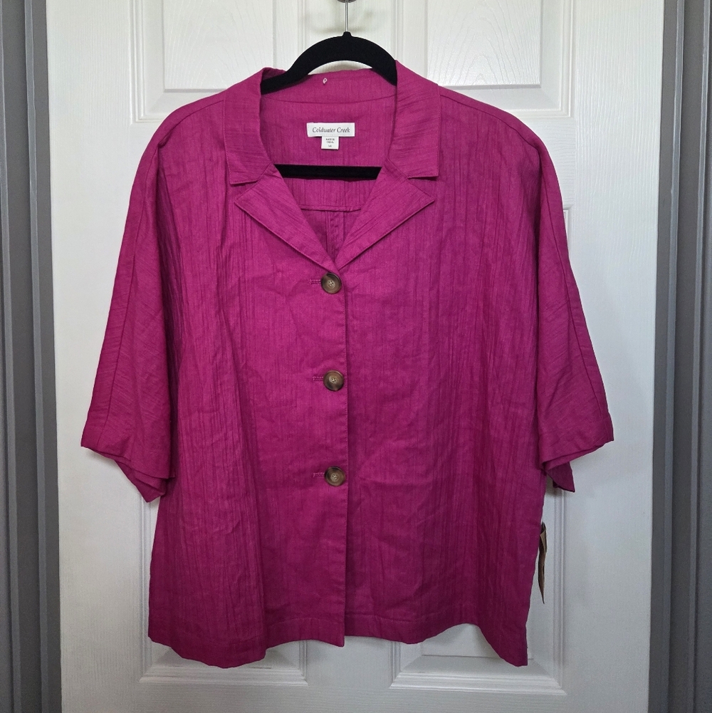 Coldwater Creek Fuchsia Button-Down Dolman Crinkle Top Jacket Cotton Linen  14